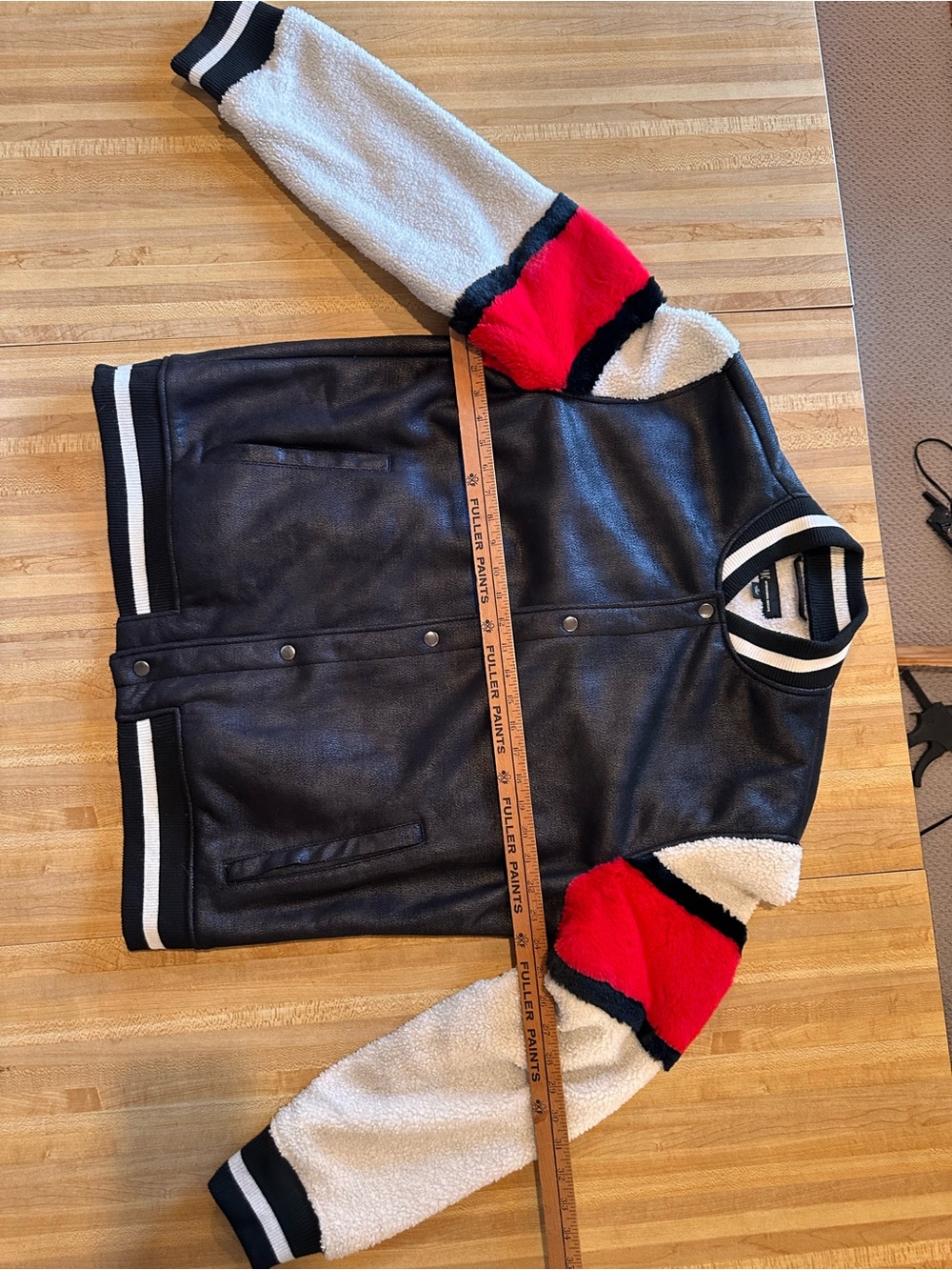 INC International Concepts Black Bomber Jacket with Cream & Red Sherpa Sleeves
